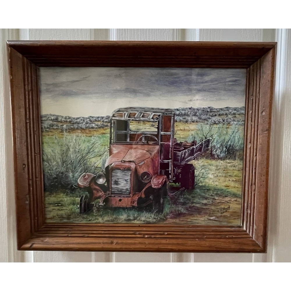 Artist PAINTING SIGNED Dated Framed Bannack State Park 1920's Red Flatbed Truck
